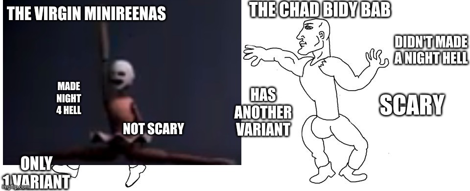 let's start a debate (also the Minireenas are piece's of crap) | THE CHAD BIDY BAB; THE VIRGIN MINIREENAS; DIDN'T MADE A NIGHT HELL; MADE NIGHT 4 HELL; HAS ANOTHER VARIANT; SCARY; NOT SCARY; ONLY 1 VARIANT | image tagged in memes,fnaf,debate | made w/ Imgflip meme maker