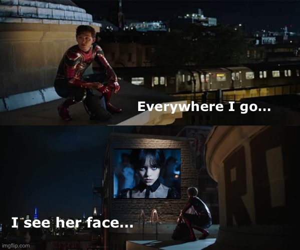 i’m ready for their stones | Everywhere I go…; I see her face… | image tagged in everywhere i go i see his face,wednesday,wednesday addams,spider-man,memes,funny | made w/ Imgflip meme maker