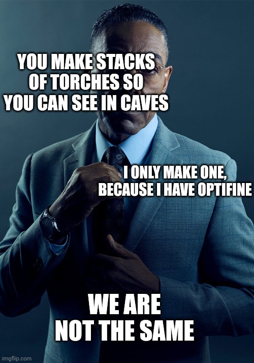 For bedrock players | YOU MAKE STACKS OF TORCHES SO YOU CAN SEE IN CAVES; I ONLY MAKE ONE, BECAUSE I HAVE OPTIFINE; WE ARE NOT THE SAME | image tagged in gus fring we are not the same,minecraft,we are not the same,funny,memes | made w/ Imgflip meme maker