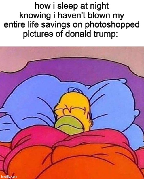 Homer Simpson sleeping peacefully | how i sleep at night knowing i haven't blown my entire life savings on photoshopped pictures of donald trump: | image tagged in homer simpson sleeping peacefully | made w/ Imgflip meme maker