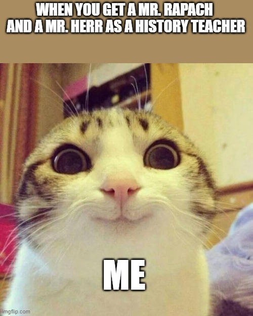 Smiling Cat | WHEN YOU GET A MR. RAPACH  AND A MR. HERR AS A HISTORY TEACHER; ME | image tagged in memes,smiling cat | made w/ Imgflip meme maker