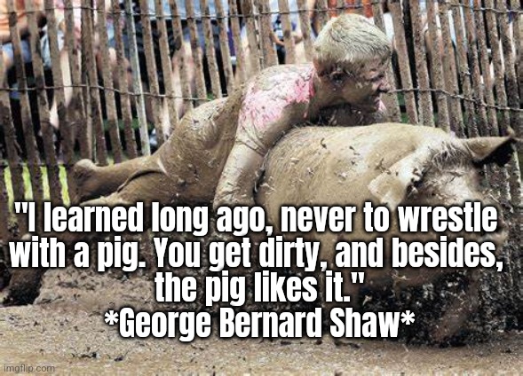Wrestle with a pig | "I learned long ago, never to wrestle 
with a pig. You get dirty, and besides, 
the pig likes it."
*George Bernard Shaw* | image tagged in funny,wisdom | made w/ Imgflip meme maker