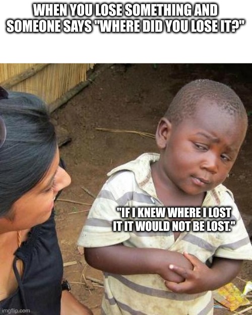 Pov you lose something | WHEN YOU LOSE SOMETHING AND SOMEONE SAYS "WHERE DID YOU LOSE IT?"; "IF I KNEW WHERE I LOST IT IT WOULD NOT BE LOST." | image tagged in memes,third world skeptical kid | made w/ Imgflip meme maker