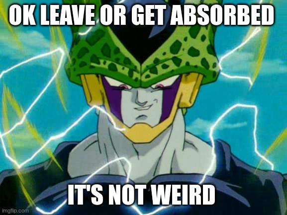 Cell's not weird for this | OK LEAVE OR GET ABSORBED; IT'S NOT WEIRD | image tagged in dragon ball z perfect cell | made w/ Imgflip meme maker