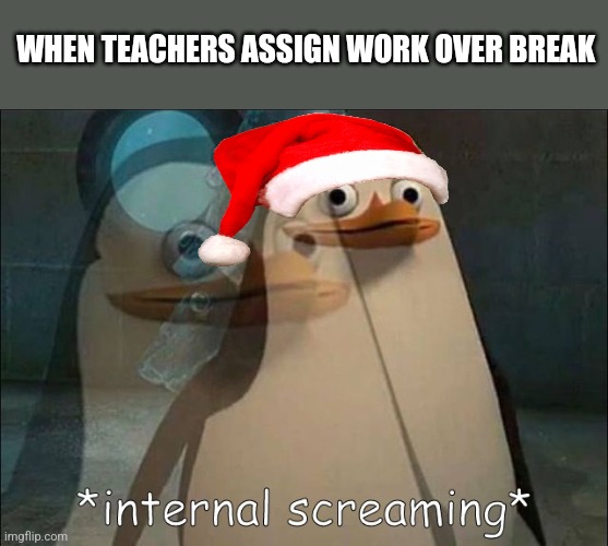 No work over break | WHEN TEACHERS ASSIGN WORK OVER BREAK | image tagged in private internal screaming | made w/ Imgflip meme maker