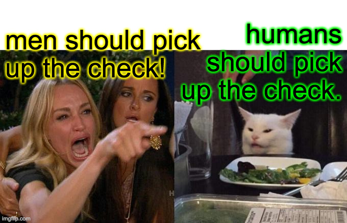 What to say in that awkward moment. | men should pick
up the check! humans should pick up the check. | image tagged in memes,woman yelling at cat,thumbs | made w/ Imgflip meme maker