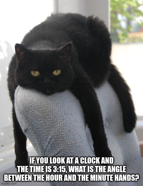 Black Cat Draped on Chair | IF YOU LOOK AT A CLOCK AND THE TIME IS 3:15, WHAT IS THE ANGLE BETWEEN THE HOUR AND THE MINUTE HANDS? | image tagged in black cat draped on chair | made w/ Imgflip meme maker