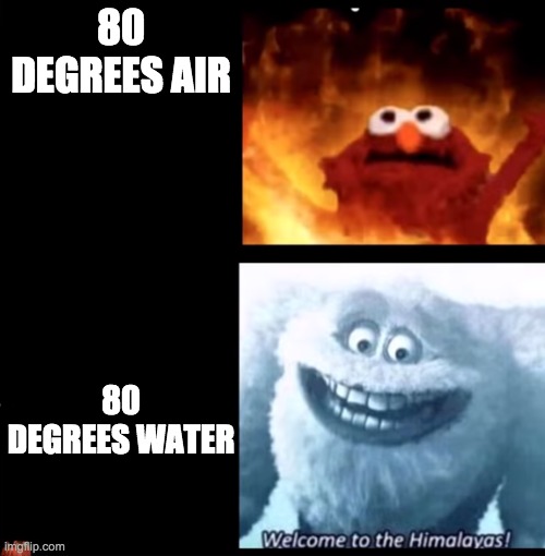 its in fahrenheit for you non-obese people | 80 DEGREES AIR; 80 DEGREES WATER | image tagged in hot and cold | made w/ Imgflip meme maker