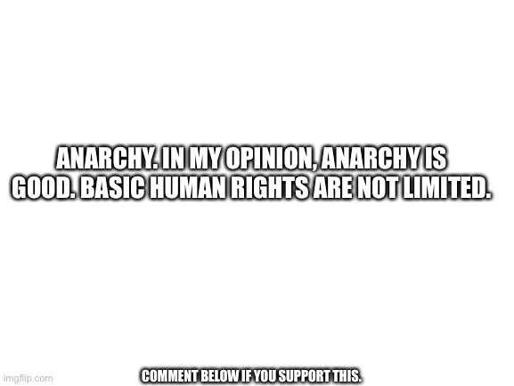 Blank White Template | ANARCHY. IN MY OPINION, ANARCHY IS GOOD. BASIC HUMAN RIGHTS ARE NOT LIMITED. COMMENT BELOW IF YOU SUPPORT THIS. | image tagged in blank white template | made w/ Imgflip meme maker