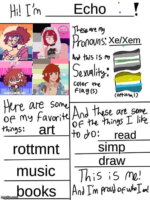 This is me!! | Echo; Xe/Xem; art; read; rottmnt; simp; draw; music; books | image tagged in lgbtq stream account profile | made w/ Imgflip meme maker