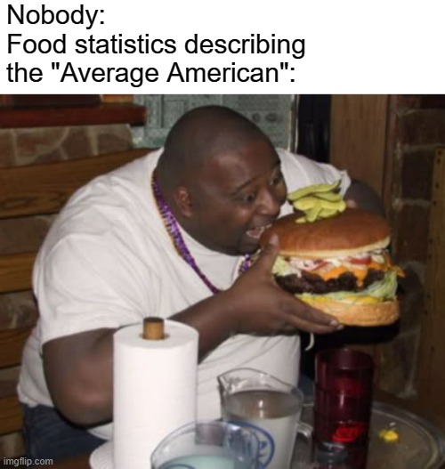 Image Title | Nobody: 
Food statistics describing the "Average American": | image tagged in fat guy eating burger | made w/ Imgflip meme maker