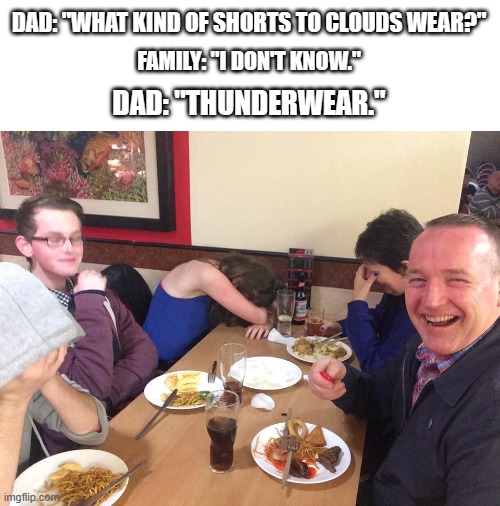 Image Title | DAD: "WHAT KIND OF SHORTS TO CLOUDS WEAR?"; FAMILY: "I DON'T KNOW."; DAD: "THUNDERWEAR." | image tagged in dad joke meme,clouds | made w/ Imgflip meme maker