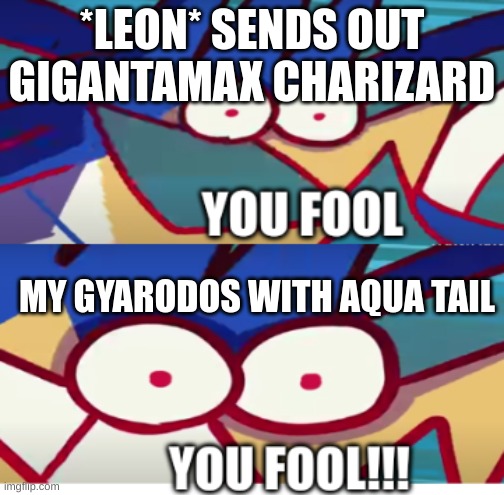 yessir | *LEON* SENDS OUT GIGANTAMAX CHARIZARD; MY GYARODOS WITH AQUA TAIL | image tagged in you f o o l | made w/ Imgflip meme maker