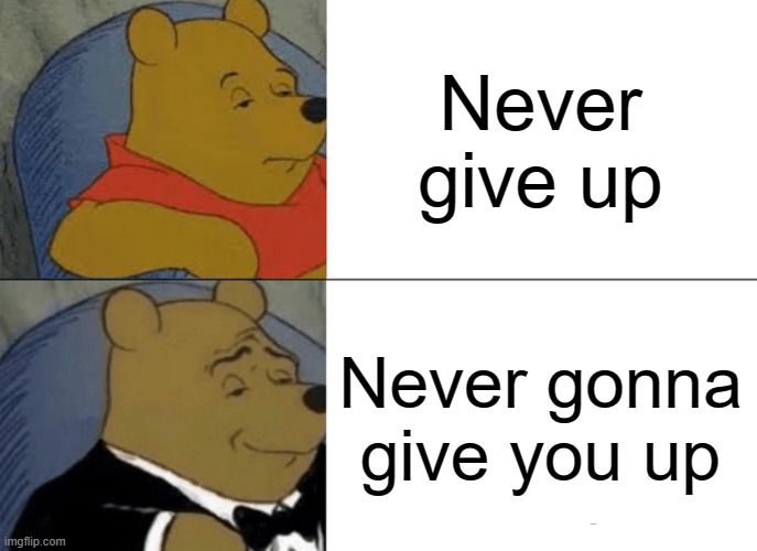 Tuxedo Winnie The Pooh Meme | Never give up; Never gonna give you up | image tagged in memes,tuxedo winnie the pooh | made w/ Imgflip meme maker