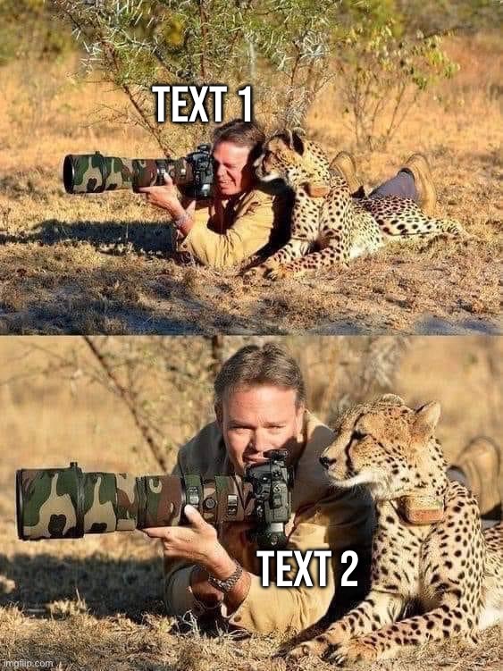 Photographer with cheetah | Text 1; Text 2 | image tagged in photographer with cheetah | made w/ Imgflip meme maker