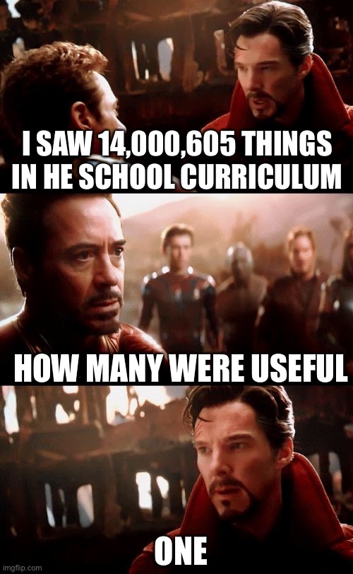 Infinity War - 14mil futures | I SAW 14,000,605 THINGS IN HE SCHOOL CURRICULUM; HOW MANY WERE USEFUL; ONE | image tagged in infinity war - 14mil futures | made w/ Imgflip meme maker
