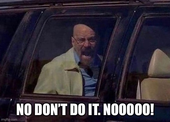 Walter White Screaming At Hank | NO DON’T DO IT. NOOOOO! | image tagged in walter white screaming at hank | made w/ Imgflip meme maker