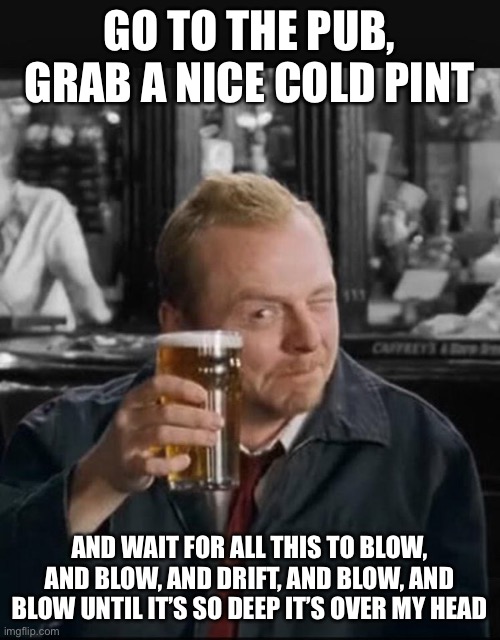 wait for this to blow over | GO TO THE PUB, GRAB A NICE COLD PINT; AND WAIT FOR ALL THIS TO BLOW, AND BLOW, AND DRIFT, AND BLOW, AND BLOW UNTIL IT’S SO DEEP IT’S OVER MY HEAD | image tagged in wait for this to blow over,memes | made w/ Imgflip meme maker
