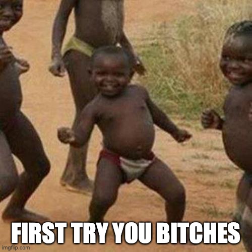 Third World Success Kid | FIRST TRY YOU BITCHES | image tagged in memes,third world success kid | made w/ Imgflip meme maker