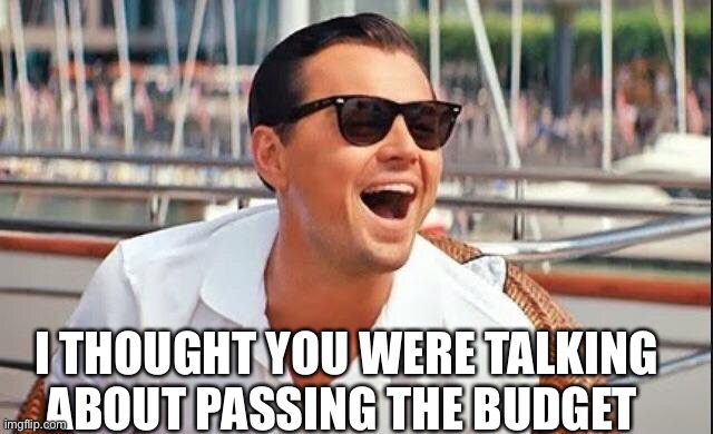 Laughing leo | I THOUGHT YOU WERE TALKING ABOUT PASSING THE BUDGET | image tagged in laughing leo | made w/ Imgflip meme maker