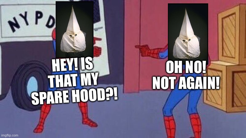 MTG and boebert arriving the klan meeting. | HEY! IS THAT MY SPARE HOOD?! OH NO! NOT AGAIN! | image tagged in fighting,let them fight,ku klux klan | made w/ Imgflip meme maker