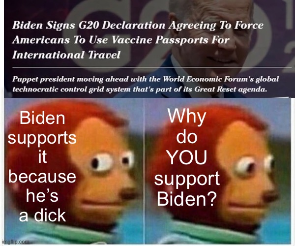 You can only do, what I allow | Why
do
YOU
support
Biden? Biden
supports
it
because
he’s
a dick | image tagged in memes,monkey puppet,leftists globalists are freedom thieves,they can all kissmyass,you too ya freeekin fjb voters | made w/ Imgflip meme maker