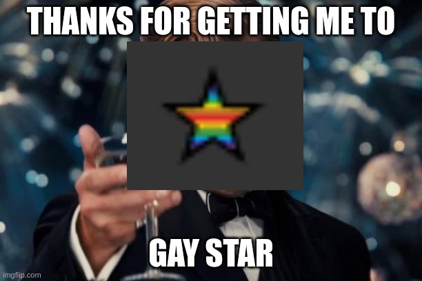 thank you | THANKS FOR GETTING ME TO; GAY STAR | image tagged in memes,leonardo dicaprio cheers,lol,gay,funny,star | made w/ Imgflip meme maker