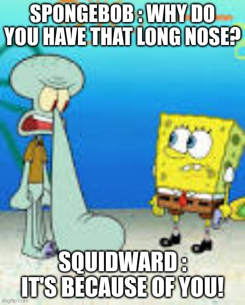 Squidward's nose | SPONGEBOB : WHY DO YOU HAVE THAT LONG NOSE? SQUIDWARD : IT'S BECAUSE OF YOU! | image tagged in funny memes | made w/ Imgflip meme maker