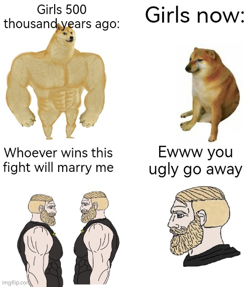 I think this is accurate | Girls 500 thousand years ago:; Girls now:; Whoever wins this fight will marry me; Ewww you ugly go away | image tagged in memes,buff doge vs cheems,blank white template,wojak,idk | made w/ Imgflip meme maker