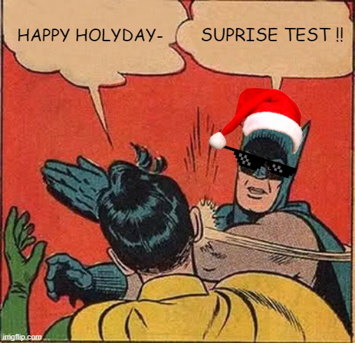 ME the 23 december 2022 | HAPPY HOLYDAY-; SUPRISE TEST !! | image tagged in memes,batman slapping robin,holidays | made w/ Imgflip meme maker