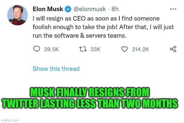 Twitter to have 3rd CEO in less than 3 months | MUSK FINALLY RESIGNS FROM TWITTER LASTING LESS THAN TWO MONTHS | image tagged in twitter,musk,elon musk,resignation,muskophobia | made w/ Imgflip meme maker