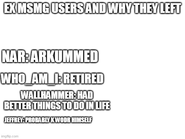 EX MSMG USERS AND WHY THEY LEFT; NAR: ARKUMMED; WHO_AM_I: RETIRED; WALLHAMMER: HAD BETTER THINGS TO DO IN LIFE; JEFFREY: PROBABLY K WODR HIMSELF | made w/ Imgflip meme maker