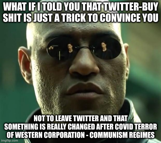 Super-rich and NWO goes as usual... | WHAT IF I TOLD YOU THAT TWITTER-BUY SHIT IS JUST A TRICK TO CONVINCE YOU; NOT TO LEAVE TWITTER AND THAT SOMETHING IS REALLY CHANGED AFTER COVID TERROR OF WESTERN CORPORATION - COMMUNISM REGIMES | image tagged in morpheus | made w/ Imgflip meme maker