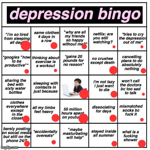 My Depression Bingo | image tagged in depression bingo | made w/ Imgflip meme maker