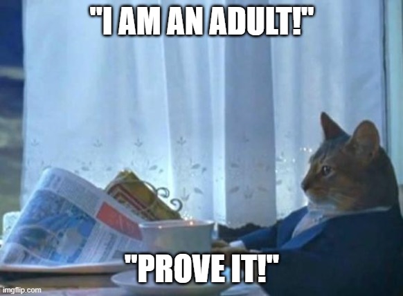 Cat newspaper | "I AM AN ADULT!"; "PROVE IT!" | image tagged in cat newspaper | made w/ Imgflip meme maker