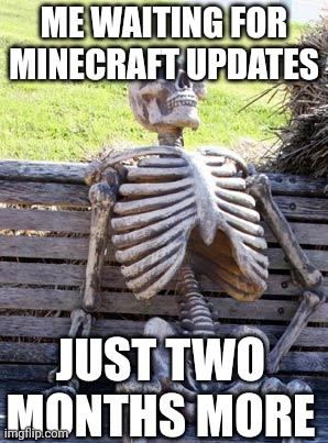 Waiting Skeleton | ME WAITING FOR MINECRAFT UPDATES; JUST TWO MONTHS MORE | image tagged in memes,waiting skeleton | made w/ Imgflip meme maker