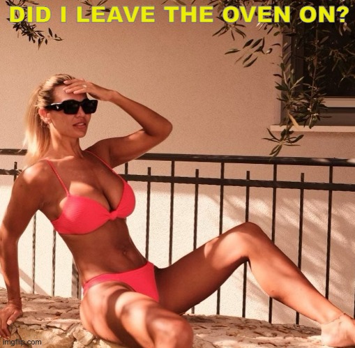 That moment you think..... | DID I LEAVE THE OVEN ON? | image tagged in bikini babe | made w/ Imgflip meme maker