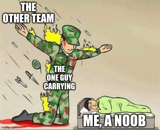 Soldier protecting sleeping child | THE OTHER TEAM; THE ONE GUY CARRYING; ME, A NOOB | image tagged in soldier protecting sleeping child | made w/ Imgflip meme maker