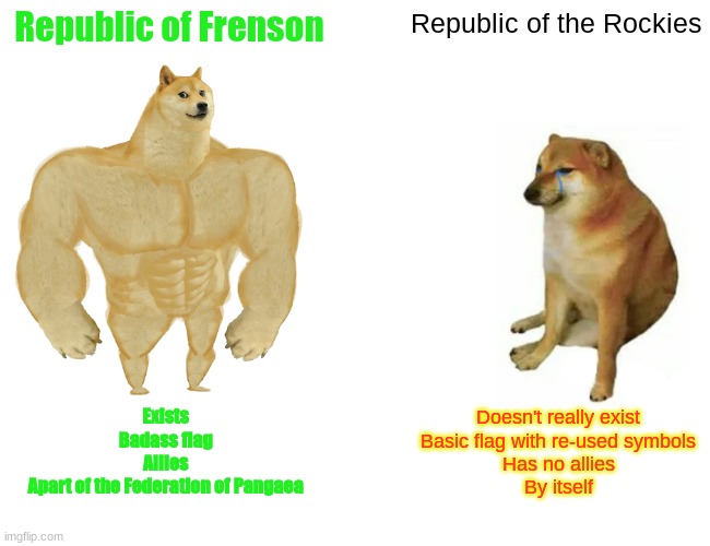 True ngl | Republic of Frenson; Republic of the Rockies; Exists
Badass flag
Allies
Apart of the Federation of Pangaea; Doesn't really exist
Basic flag with re-used symbols
Has no allies
By itself | image tagged in memes,buff doge vs cheems | made w/ Imgflip meme maker