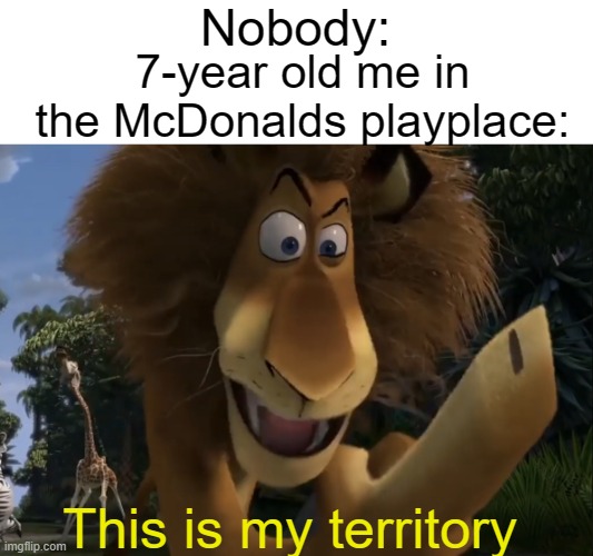 I'd use the whole screenshot if I could find it on imgflip. | Nobody:; 7-year old me in the McDonalds playplace:; This is my territory | image tagged in average madagascar fan | made w/ Imgflip meme maker