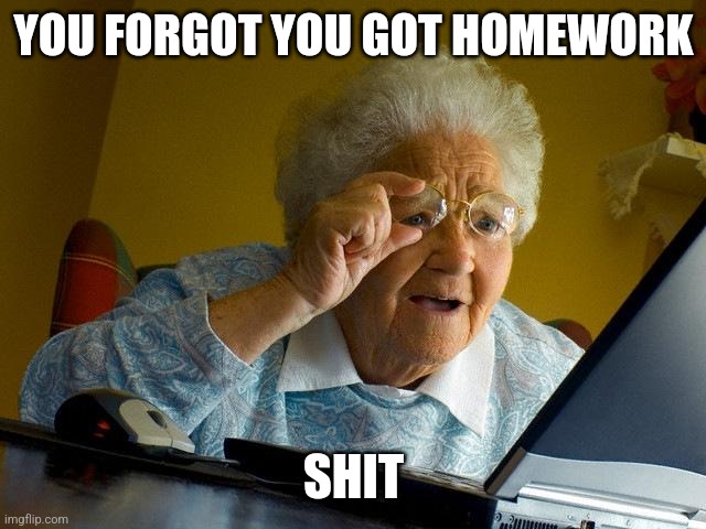 Grandma Finds The Internet Meme | YOU FORGOT YOU GOT HOMEWORK; SHIT | image tagged in memes,grandma finds the internet | made w/ Imgflip meme maker