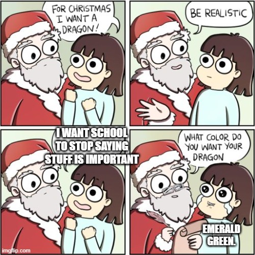 SCHOOL_SUCKS | I WANT SCHOOL TO STOP SAYING STUFF IS IMPORTANT; EMERALD GREEN. | image tagged in for christmas i want a dragon | made w/ Imgflip meme maker