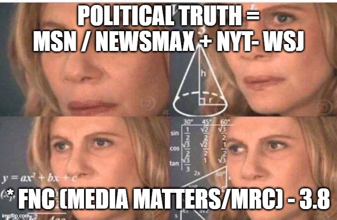 idk | POLITICAL TRUTH = MSN / NEWSMAX + NYT- WSJ; * FNC (MEDIA MATTERS/MRC) - 3.8 | image tagged in math lady/confused lady | made w/ Imgflip meme maker