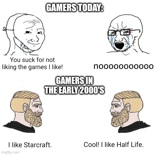 Gamers' Preferences | GAMERS TODAY:; You suck for not liking the games I like! GAMERS IN THE EARLY 2000'S; Cool! I like Half Life. I like Starcraft. | image tagged in anime/ game leaks,video games,gaming,pc gaming,gamers | made w/ Imgflip meme maker