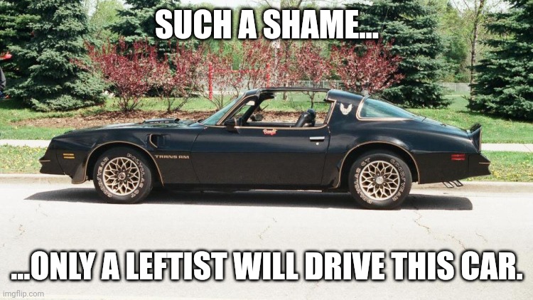 Let go down the bad joke road...I mean it is Trans. | SUCH A SHAME... ...ONLY A LEFTIST WILL DRIVE THIS CAR. | image tagged in 77 trans am | made w/ Imgflip meme maker