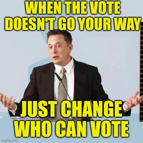 Money sets all the rules | WHEN THE VOTE DOESN'T GO YOUR WAY; JUST CHANGE WHO CAN VOTE | image tagged in elon musk,voting,polling,2022,twitter,funny memes | made w/ Imgflip meme maker