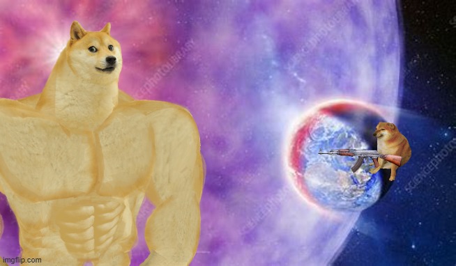 Buff doge vs crying cheems Gamma ray vs earth | image tagged in buff doge vs cheems,space,custom template | made w/ Imgflip meme maker