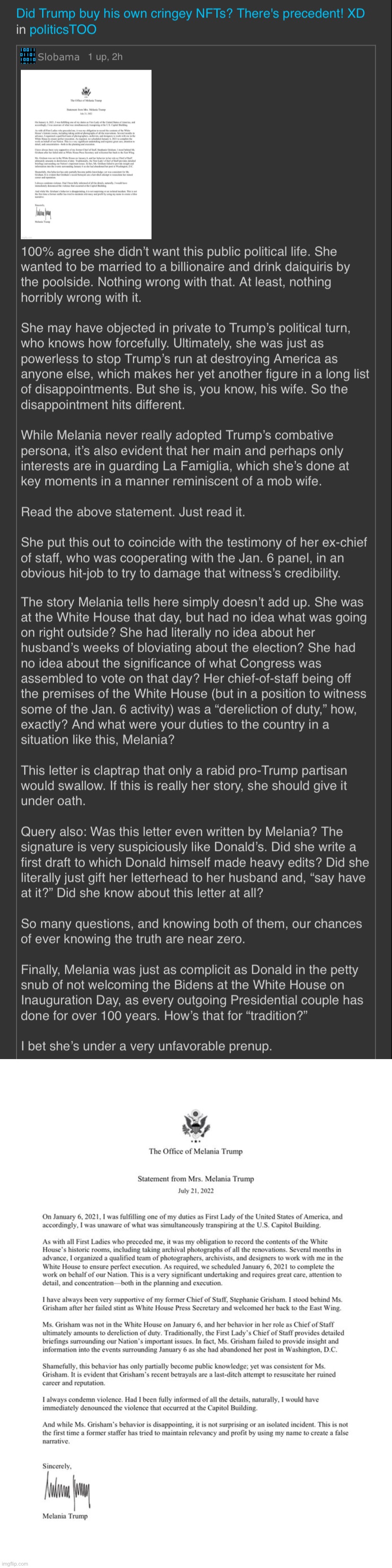 Troll of the Day: Melania Trump | image tagged in melania trump statement jan 6 | made w/ Imgflip meme maker