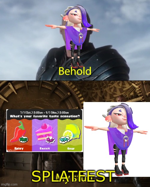 splatfest anouncements be like | SPLATFEST | image tagged in behold my stuff | made w/ Imgflip meme maker