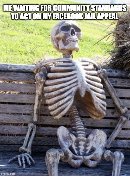 Waiting Skeleton | ME WAITING FOR COMMUNITY STANDARDS TO ACT ON MY FACEBOOK JAIL APPEAL | image tagged in memes,waiting skeleton | made w/ Imgflip meme maker